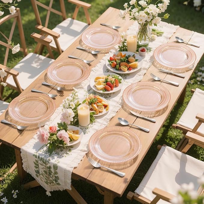 GATHER 350PCS Rose Gold Plastic Plates - Disposable Rose Gold Dinnerware Includes 100 Clear Rose Golds Rimmed Plastic Plates, 150 Silverware, 50 Napkins, 50 Cups for Party, Wedding, Mother's Day