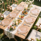 GATHER 350PCS Rose Gold Plastic Plates - Disposable Rose Gold Dinnerware Includes 100 Clear Rose Golds Rimmed Plastic Plates, 150 Silverware, 50 Napkins, 50 Cups for Party, Wedding, Mother's Day