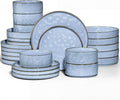 E-far 24-Piece Plates and Bowls Sets with Pasta Bowls - Stoneware Dinnerware Set for 6, Modern Ribbed Dishes, Microwave & Dishwasher Safe, Reactive Blue