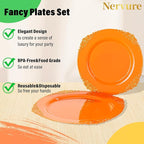 Nervure 175PCS Orange Plastic Plates - Orange and Gold Disposable Plates for 25 Guests Include 50Plates, 25Cups, 25Forks, 25Knives, 25Spoons, 25Napkins for Wedding & Party