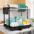 Sakugi 2-Tier Dish Drying Rack - Stainless Steel Dish Rack with Cutlery & Utensil Holders for Kitchen Counter, Sink Organization and Storage for Small Family, 15" W x 11.4" L x 15" H, Black