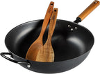 Oster Dunwood 3 Piece Carbon Steel Wok, 13.8” PFAS-Free Stir Fry Pan with Wooden Spatulas, High Heat, Oven & Stovetop Safe