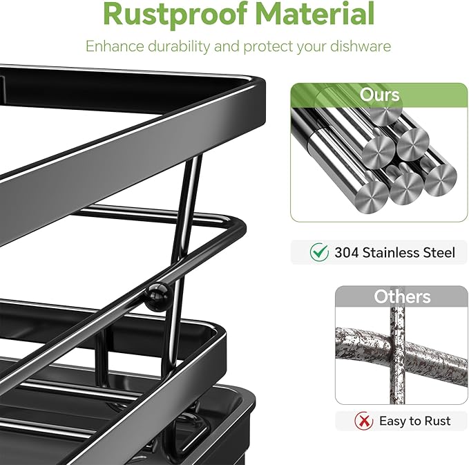 Simple Trending Dish Drying Rack for Kitchen Counter, Sink Organization and Storage, Rustproof Dish Drainer with Removable Utensil Holder, Drainboard, 12''W x 17''L, Black