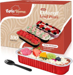 Mini Loaf Pans with Lids and Spoons (100 Pack, Red, 6.8oz) Rectangular Aluminum Foil Baking Pans