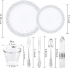 DaYammi 210PCS Silver Plastic Dinnerware Set, Silver Disposable Plates, Includes:30 Dinner Plates,30 Salad Plates,30 Cups 9 OZ and 30 Pre Rolled Napkins with Cutlery Heavy Duty for Party