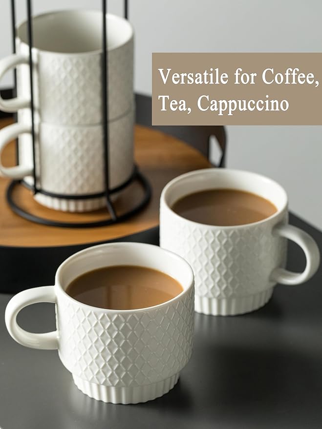 Gomakren Stackable Coffee Mugs Set with Stand, Coffe Cup with Tea Spoon 13 Ounce White Cups for Cappuccino Coffee Drinks Tea, Set of 4, Gift for Man Women 380ml