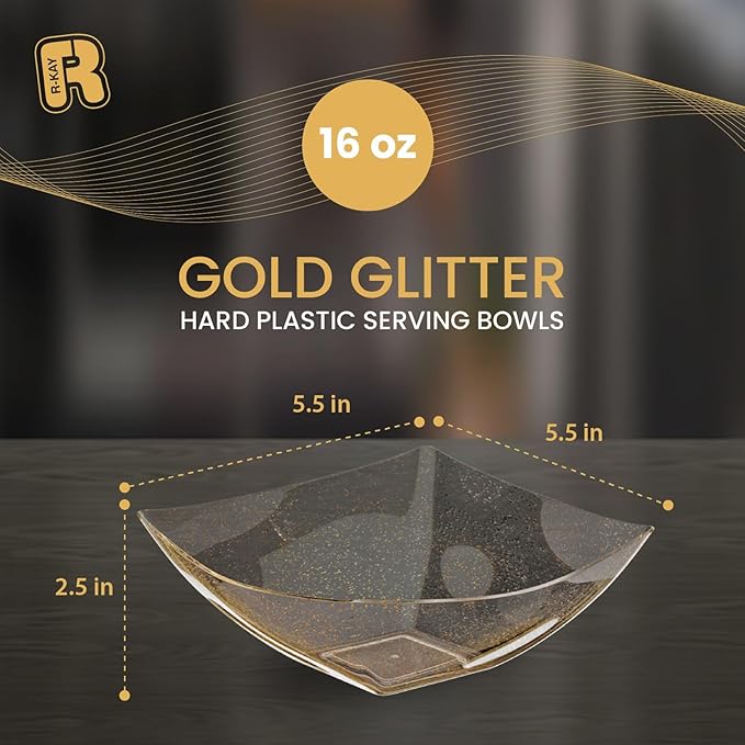 R-kay 6 Pack Gold Glitter Plastic Serving Bowls -16 Oz Gold Plastic bowls 16 Oz - Disposable Serving Bowls Heavy Duty For Weddings Catering And Birthday parties