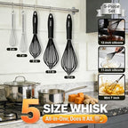 Anaeat Kitchen Whisk Set of 5, Perfect for Non-Stick Cookware, Egg Beater Milk Blender for Whisking, Cooking, Baking - 5"+7" Mini Wire Whisk and 9''+11''+12'' Silicone Balloon Whisks (Black)