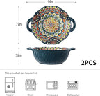 2 Pack Boho Ceramic Serving Bowls with Handles, 40 Oz Porcelain Salad Bowls, Large Serving Dishes for Entertaining, Mixing Bowls for Soup, Stew, Pasta, Cereal, Colorful Embossed Cute Bowls Set BLDS