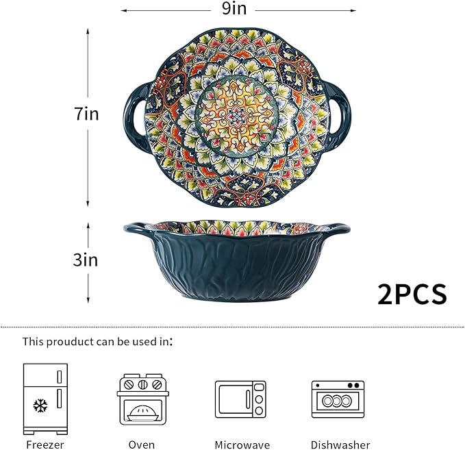 2 Pack Boho Ceramic Serving Bowls with Handles, 40 Oz Porcelain Salad Bowls, Large Serving Dishes for Entertaining, Mixing Bowls for Soup, Stew, Pasta, Cereal, Colorful Embossed Cute Bowls Set BLDS