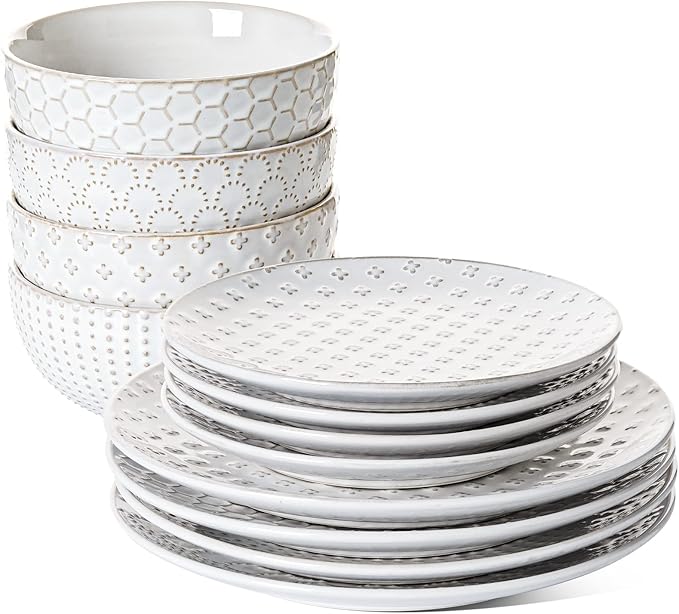 LE TAUCI Plates and Bowls Sets for 4, 12 Piece Ceramic Dinnerware Sets, Modern Stoneware Kitchen Dish Set, Chip Resistant, Microwave & Dishwasher Safe, Embossed, Arctic White