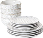 LE TAUCI Plates and Bowls Sets for 4, 12 Piece Ceramic Dinnerware Sets, Modern Stoneware Kitchen Dish Set, Chip Resistant, Microwave & Dishwasher Safe, Embossed, Arctic White