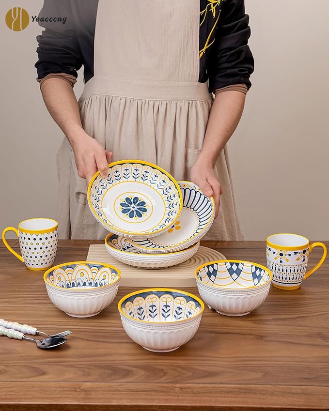 Yeacccng Bohemian Coffee Mugs Set of 6, 15 Oz Ceramic Latte Cappuccino Cups with Yellow Handle, Non-Slip Grip Sturdy Base, Dishwasher Microwave Oven Safe, Scratch-Resistant Boho Tea Mugs