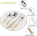 Gold Silverware Set, Caliamary 24 Pieces Flatware Set with Silverware Holder, Stainless Steel Knives and Forks and Spoons Cutlery Set Service for 6, Kitchen Utensil Tableware Set with Antiskid Handle
