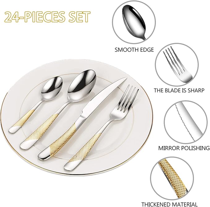 Gold Silverware Set, Caliamary 24 Pieces Flatware Set with Silverware Holder, Stainless Steel Knives and Forks and Spoons Cutlery Set Service for 6, Kitchen Utensil Tableware Set with Antiskid Handle