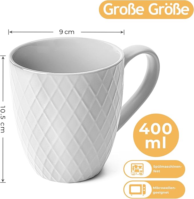 MIAMIO - Coffee Mugs set of 6 / Coffee Cups - 6 x 14 Oz Ceramic Mugs - Large Coffee Mugs - Microwave & Dishwasher safe - Palmanova Collection (White)