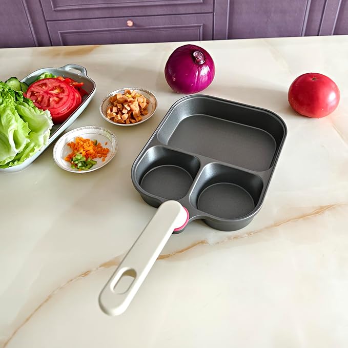 Titanium Nonstick Egg Pan 9.25" - 2 Round & 1 Square Compartments, PFOA/PTFE Free, Works on Gas/Induction/Electric Stovetops, Cooks Bacon, Pancakes & Eggs Simultaneously