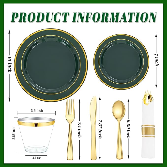 WDF Partyware 175PCS Green Plastic Plates - Green and Gold Disposable Plates 25Guests Plastic Plates with Rolled Napkins for Birthday/Party/Wedding