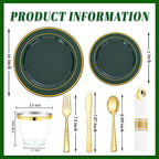 WDF Partyware 175PCS Green Plastic Plates - Green and Gold Disposable Plates 25Guests Plastic Plates with Rolled Napkins for Birthday/Party/Wedding