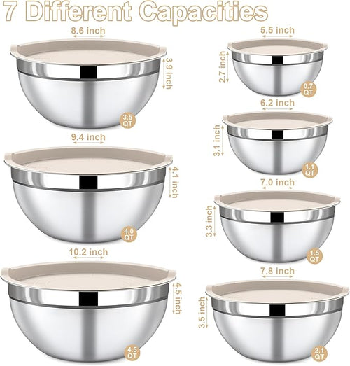 7 Piece Stainless Steel Mixing Bowls with Lids Set - Khaki Nesting Metal Mixing Bowls for Kitchen, Sizes 4.5, 4, 3.5, 2.1, 1.5, 1.1, 0.7 Qt for Baking, Cooking and Serving, Dishwasher Safe
