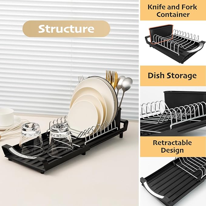 Extendable Dish Drying Rack, Stainless Steel, Over Sink or Counter, with Utensil Holder