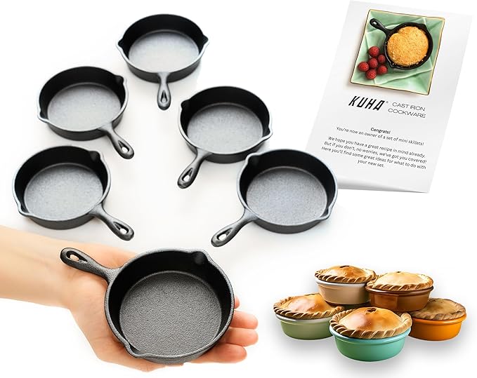 KUHA Small Cast Iron Skillet Set | Pre-Seasoned Mini Cast Iron Skillets for Cookies, Eggs & Desserts | For Baking & Serving | 6 Silicone Trivets & Scraper Included | 4", Set of 6