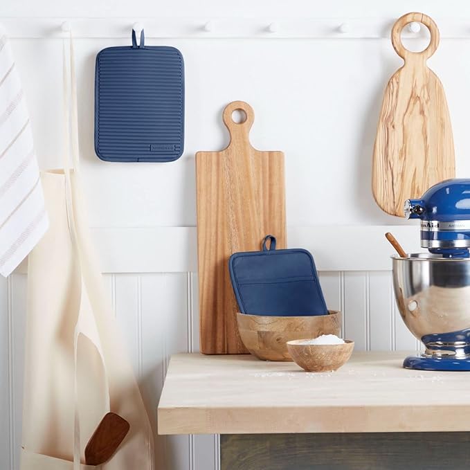 KitchenAid Ribbed Soft Silicone Pot Holder 2-Pack Set, Blue Willow, 7"x9"