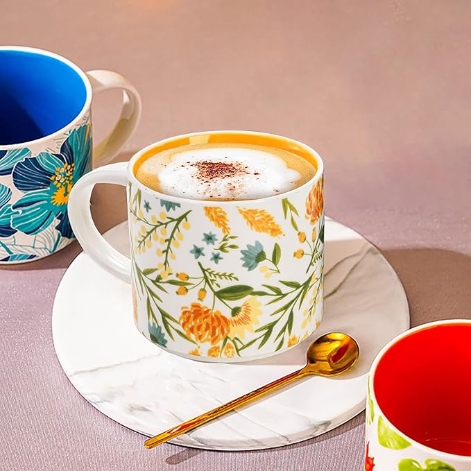 Frcctre Set of 4 Ceramic Coffee Mug Set, Large 15 Ounce Ceramic Tea Cup with Handle, Vintage Hand Painted Floral Porcelain Mug Colorful Restaurant Mug for Coffee, Tea, Milk, Hot Cocoa