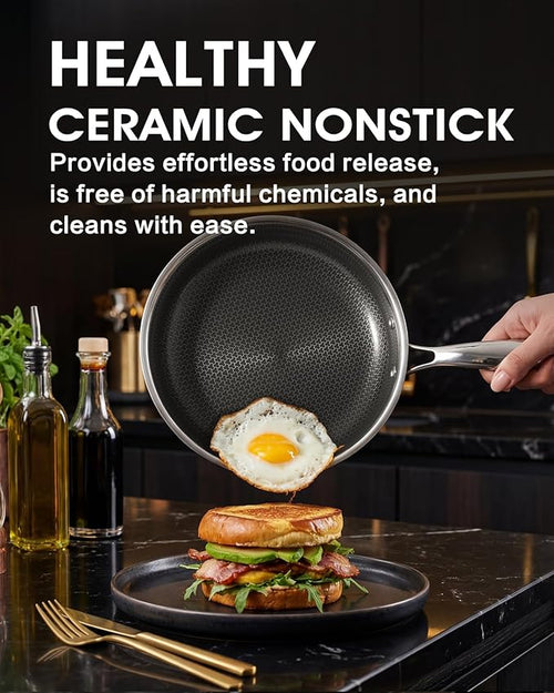 8 Inch Non Stick Frying Pan, Nonstick Hybrid Tri-ply Stainless Steel Chef's Fry Pan Ceramic Coating, PFOA-Free Non-Toxic Cookware, Dishwasher & Oven Safe, Induction Compatible All Cooktop