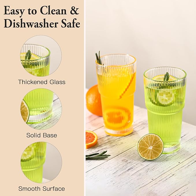 4PCS Ribbed Glass Cups with Lids and Straws, 20oz Vintage Drinking Glasses, Aesthetic Iced Coffee Cups, Glass Tumbler for Boba, Beer, Tea, Cocktails, Ribbed Glassware Set (Clear-6)