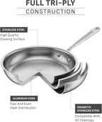 T-Fal Pro Tri-Ply Stainless Steel Fry Pan, 8 Inch, Induction Compatible, Oven Safe 500°F, Fast & Even Heat, Professional Quality & Durability, Frying Pan, Skillet, Cookware, Silver