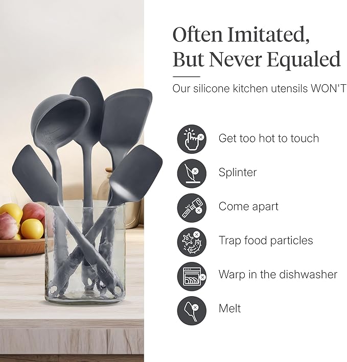 GIR 5-Piece Silicone Kitchen Utensils Set, Non-Toxic Cooking Utensils for Cooking and Baking, Heat Resistant, Food Grade, Dishwasher Safe Rubber Spatula, Ladle, Spoon - Charcoal