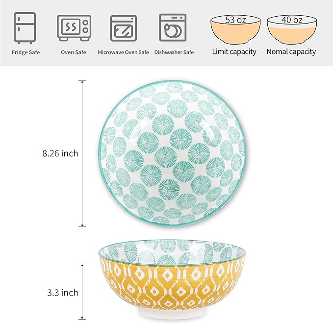 Selamica Ceramic Large Salad Bowls Set, 53 OZ Pho Bowls 8 Inch Soup Bowls for Kitchen, Large Serving Bowls for Ramen Pasta Fruit Dinner, Stackable & Sturdy, Set of 3, Assorted Colors