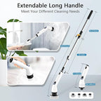TUYU Electric Spin Scrubber, Full-Body IPX7 Waterproof Bathroom Scrubber with Power LCD Display, 8 Replacement Head, Adjustable Extension Handle, Cordless Shower Cleaner Brush for Bathtub Cleaning