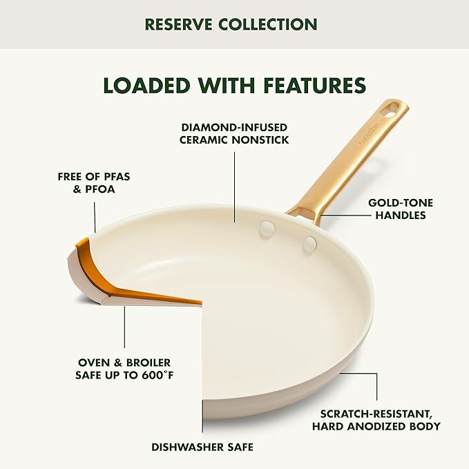 GreenPan Hard Anodized Healthy Ceramic Nonstick 8" 10" & 12" 3 Piece Frying Pan Skillet Set, Gold Handle, PFAS-Free, Dishwasher Safe, Oven Safe, Cream White