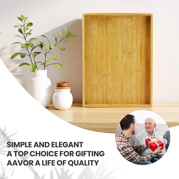 Bamboo Serving Tray with Handles Set of 2 - Decorative Wooden Trays for Eating, Working, and Storing, Suitable for Use in Bedroom, Living Room, Kitchen, Bathroom, Outdoor Scenarios and More