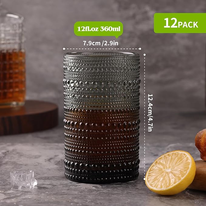 Moretoes Hobnail Drinking Glasses Set of 12,12 Oz Highball Glasses Embossed Boho Water Glass Cups Kitchen Bar Tumbler Glassware Set for Whiskey, Beer, Juice, Milk and Various Mixed Drinks (Gray)