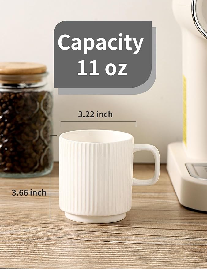 Ceramic Coffee Mugs Set of 4, Ribbed Tea Coffee Cups Set with Handle, Large Porcelain Mug for Americano, Latte, Cappuccino, Hot Chocolate, White