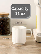 Ceramic Coffee Mugs Set of 4, Ribbed Tea Coffee Cups Set with Handle, Large Porcelain Mug for Americano, Latte, Cappuccino, Hot Chocolate, White