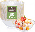I00000 30 Pack 12 Ounce Clear Plastic Bowls Serving Bowls Hammered with Gold Rimmed, Heavy Duty Disposable Bowl Set,Small Bowl for Wedding & Party