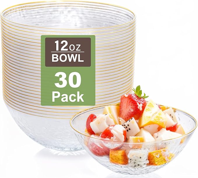 I00000 30 Pack 12 Ounce Clear Plastic Bowls Serving Bowls Hammered with Gold Rimmed, Heavy Duty Disposable Bowl Set,Small Bowl for Wedding & Party