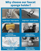 Sink Sponge Holder - Metal Kitchen Sink Faucet Organizer for Sponges, Brushes and Cleaning Tools, Faucet Sponge Holder Hanging Fix Around Faucet (White)