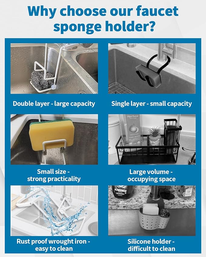 Sink Sponge Holder - Metal Kitchen Sink Faucet Organizer for Sponges, Brushes and Cleaning Tools, Faucet Sponge Holder Hanging Fix Around Faucet (White)