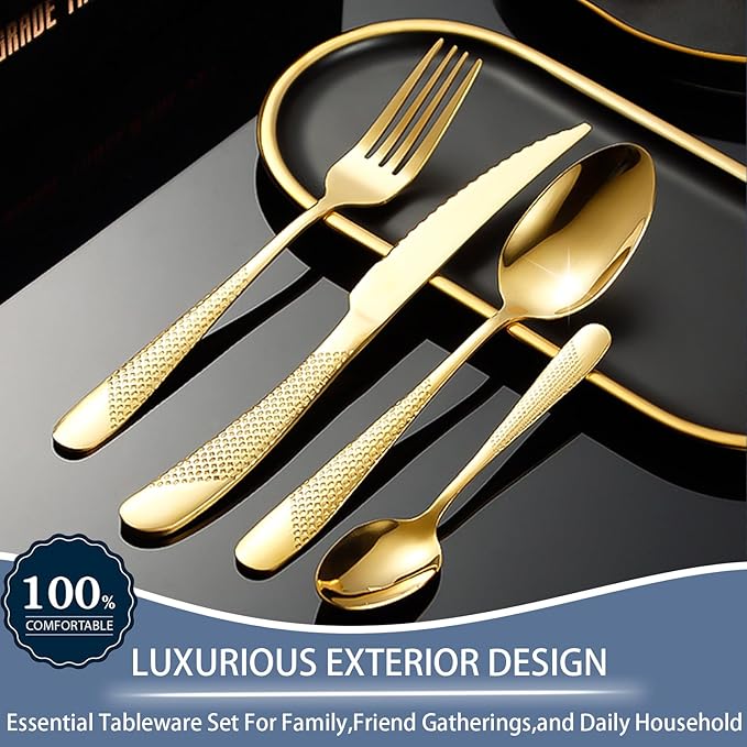 Gold Silverware Set,24 Piece Gilded Silverware Set Rack Service for 6，Mirror Polished Cutlery Utensil Set,Home Kitchen Eating Tableware Set,Include Fork Knife Spoon Holder Set,Dishwasher Safe…