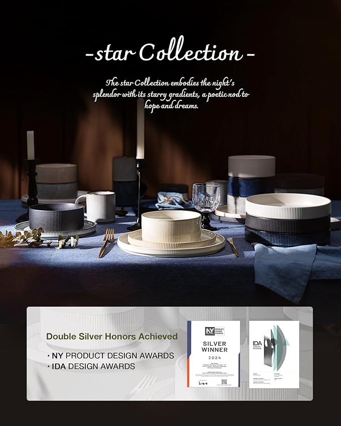 Famiware Star Dinnerware Set with Mugs, Service for 4 (16pcs), Ribbed Stoneware Plates and Bowls Dishes Sets - Chip & Scratch Resistant, Microwave & Dishwasher Safe, Cappuccino White