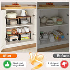 HOOBRO Cabinet Organizer Shelf Set of 4, Kitchen Counter Organizer, Kitchen Storage, Spice Rack, Nest, Stackable, Side-by-Side & L-Shape for Cabinet, Kitchen, Rustic Brown and Black BF33TLP201
