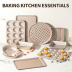 10-Piece Baking Pans Set, Bakeware Sets Nonstick, Baking Set for Oven Cooking, Stackable Carbon Steel Pans Include Cookie Sheets, Muffin Pan, Cake Pan, Pizza Pan, Loaf Pan, Roasting Pan, Gold