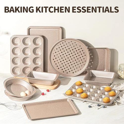 10-Piece Baking Pans Set, Bakeware Sets Nonstick, Baking Set for Oven Cooking, Stackable Carbon Steel Pans Include Cookie Sheets, Muffin Pan, Cake Pan, Pizza Pan, Loaf Pan, Roasting Pan, Gold