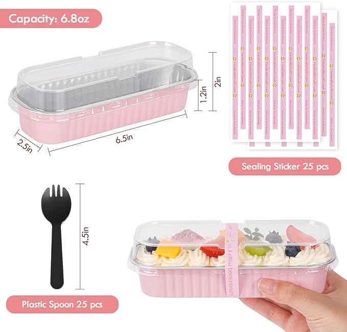 25 Pack Mini Loaf Pans with Lids and Spoons Sealing Sticker, 6.8oz Mini Cake Pans for Baking, Disposable Aluminum Foil Loaf Pans, Pink Loaf Baking Pans, Small Cake Containers With Lids