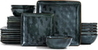 Famiware Dinnerware Sets for 8, Ocean Square 24-Piece Kitchen Plates and Bowls Sets, Microwave and Dishwasher Safe, Scratch Resistant, Deep Forest
